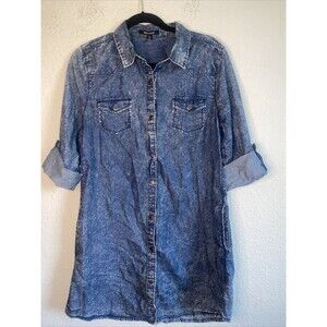 chambray Blue Denim jean Shirt dress Western Snap front Pockets L country